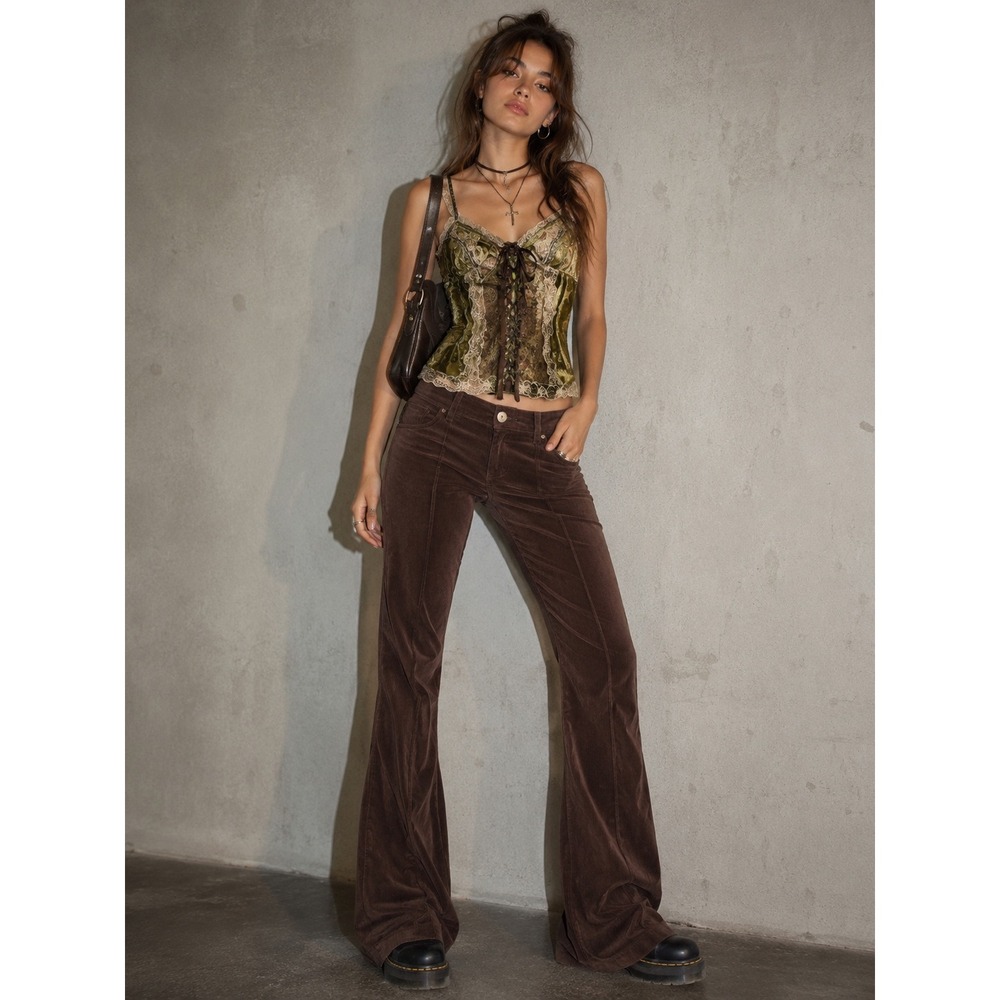 Womens Y2K Brown Velvet Flare Pants junior 5 Velour Bootcut Forest fairy - Picture 1 of 10